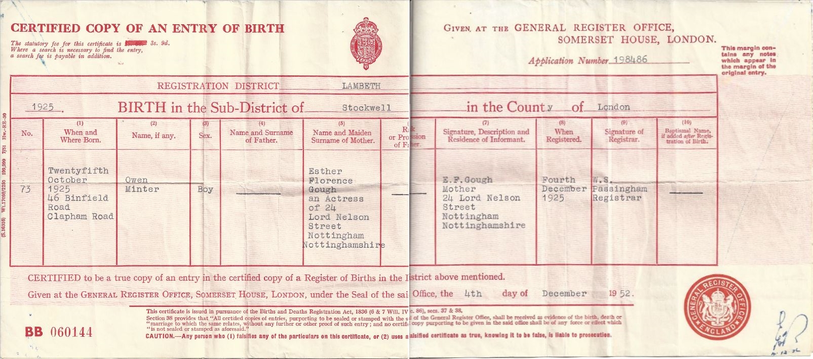 Owen Minter (Gough) born 1925