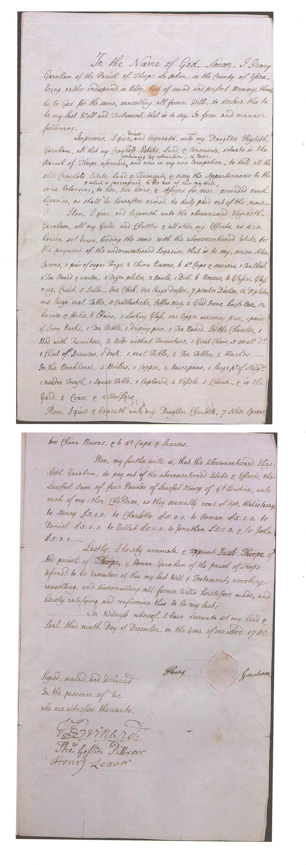 Henry Garnham's 1780 Will